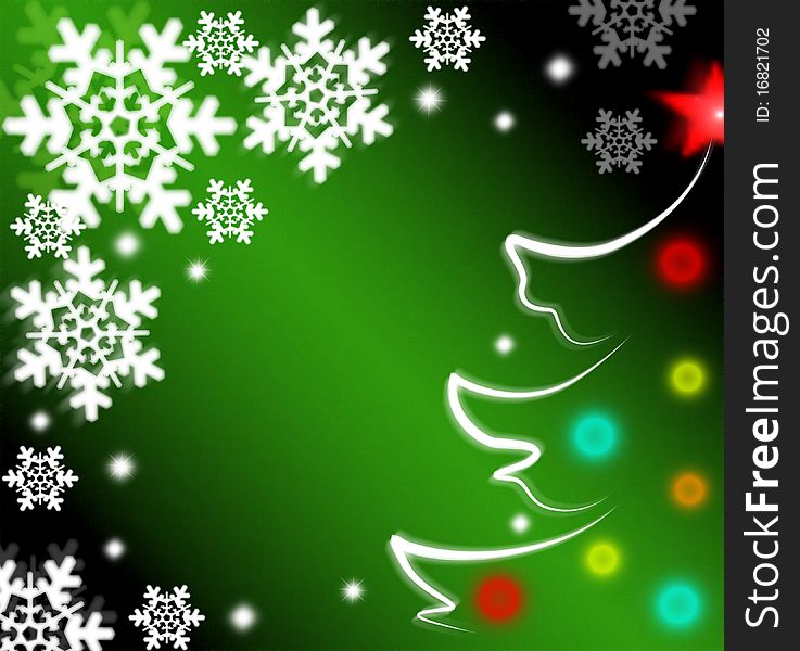 Christmas green background with a tree and snowflakes. Christmas green background with a tree and snowflakes