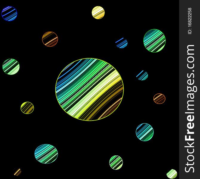A black background with multicolor stripes circles of different size. A black background with multicolor stripes circles of different size