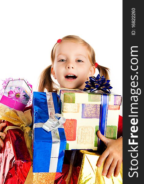 Little boy in a santa claus hat on white