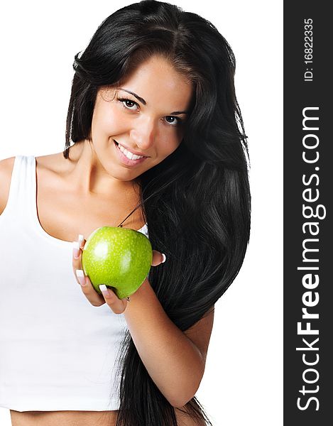 Pretty woman with apple on white background. Pretty woman with apple on white background