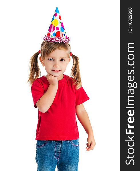 Funny girl in birthday cap on white