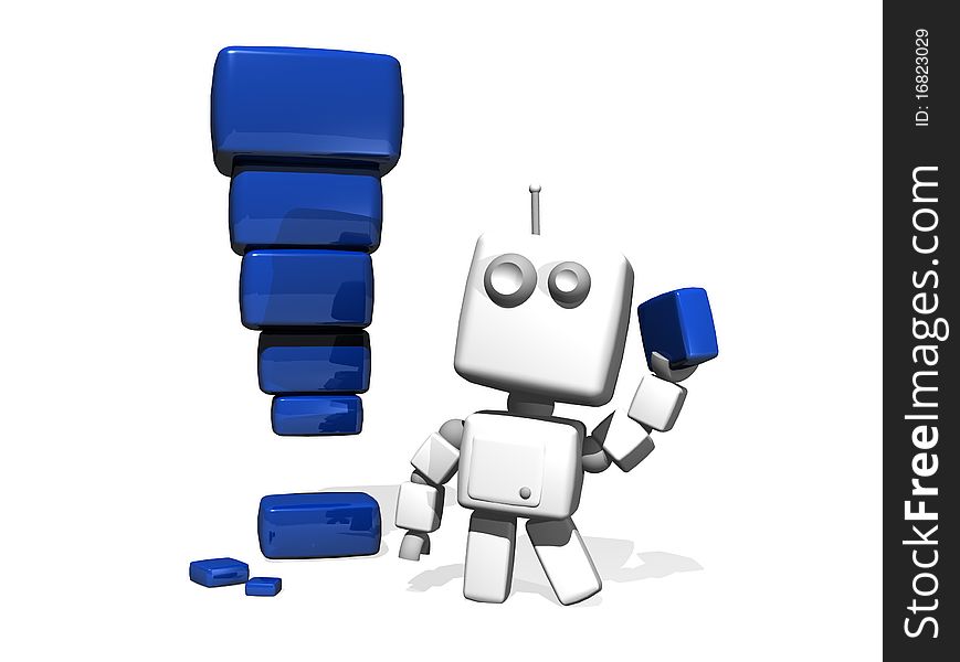 A 3D-rendered exclamation point with a robot. A 3D-rendered exclamation point with a robot.