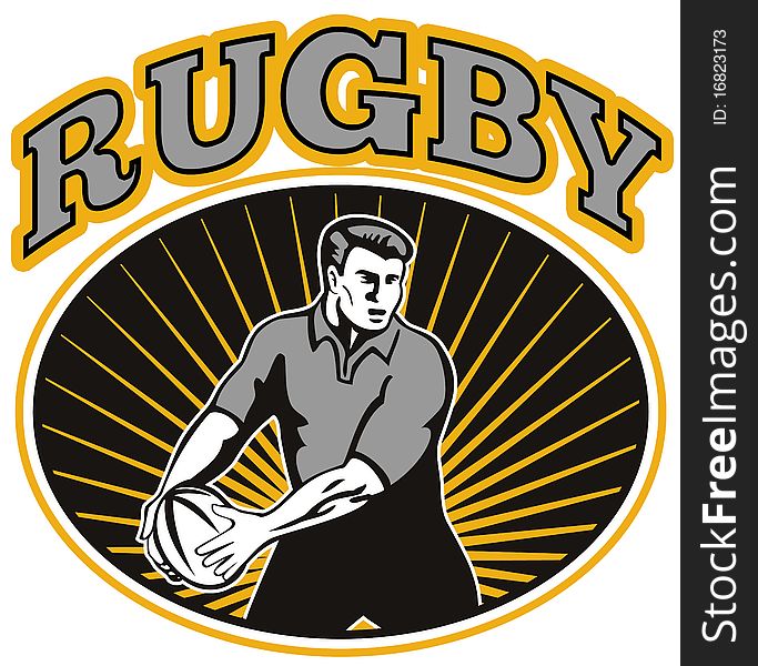 Retro style illustration of a rugby player passing ball viewed from front with ball in background and words rugby