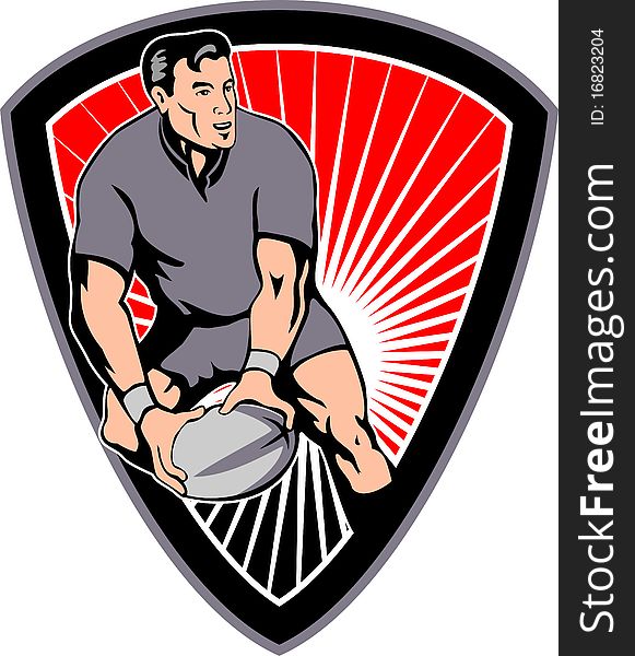 Retro style illustration of a rugby player passing ball viewed from front with shield in background