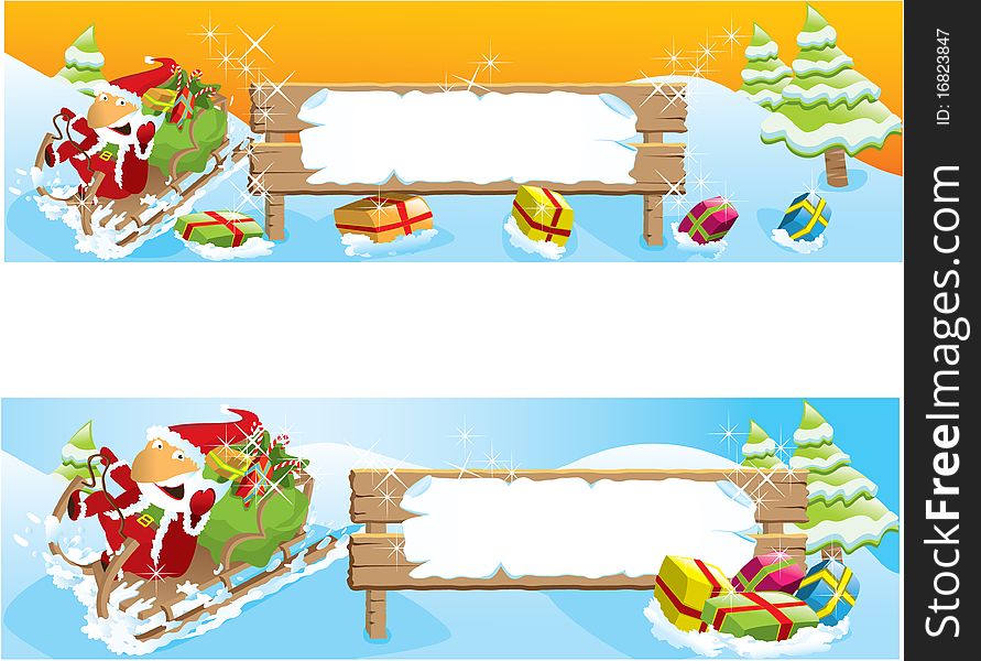 Set of two christmas banners with Santa. White frame to write a message.