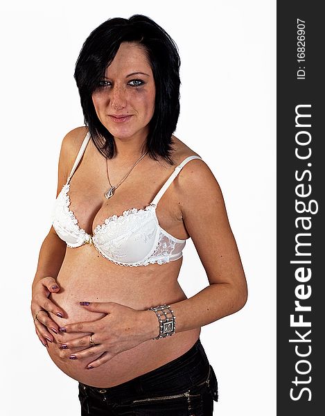 Crying pregnant woman on the white background. Crying pregnant woman on the white background