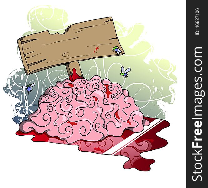 A Large brain left to stew on the floor in blood, with a sign sticking out of the top of it. A Large brain left to stew on the floor in blood, with a sign sticking out of the top of it