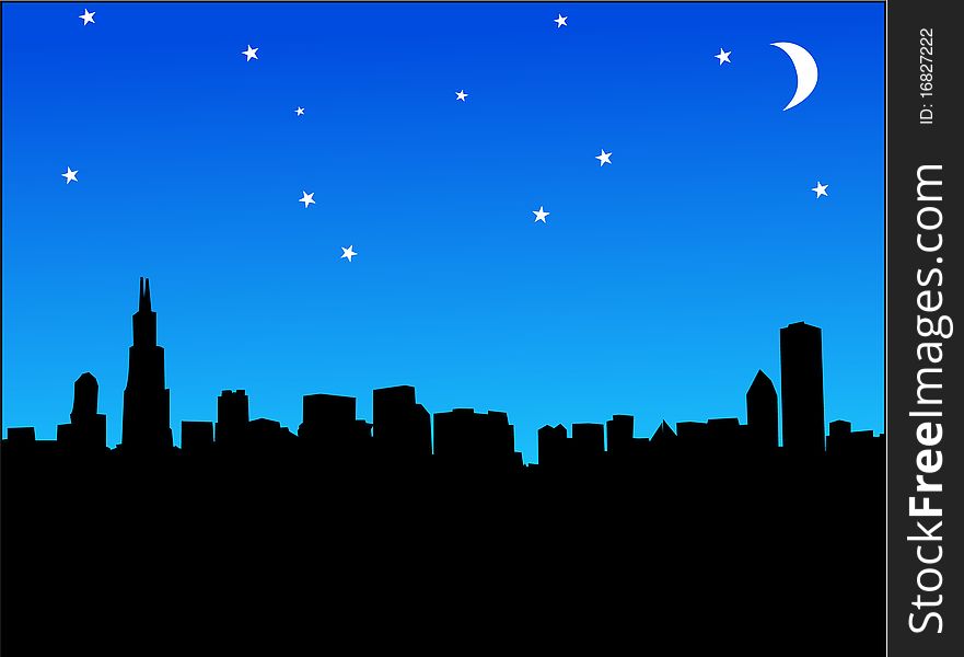 Silouetted city scape at night time with stars and moon. Silouetted city scape at night time with stars and moon