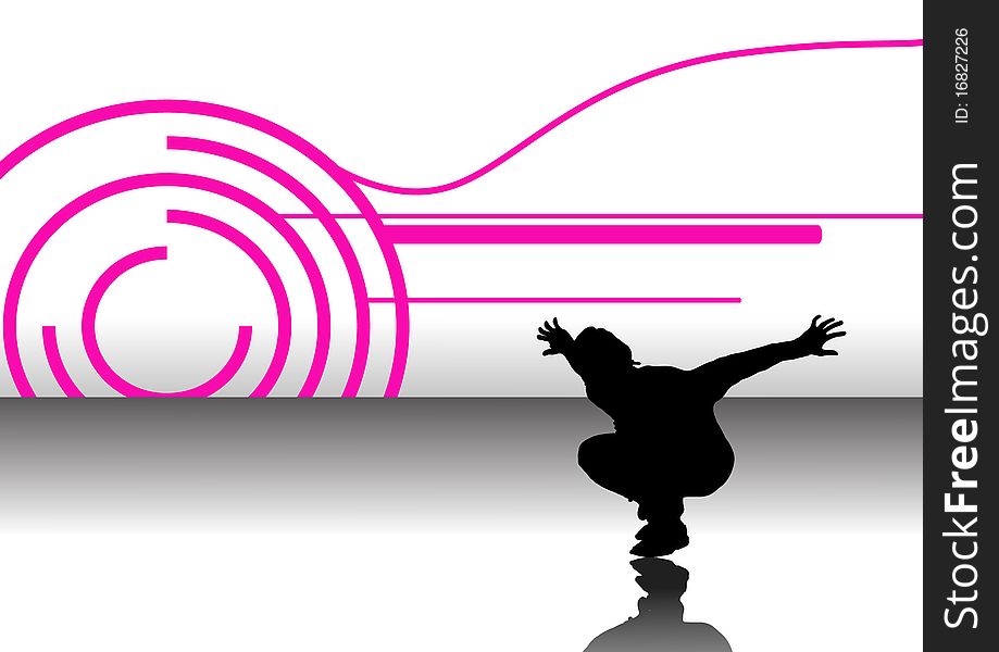 Silhouetted break dancer a against a black and white background with purple swirls. Silhouetted break dancer a against a black and white background with purple swirls