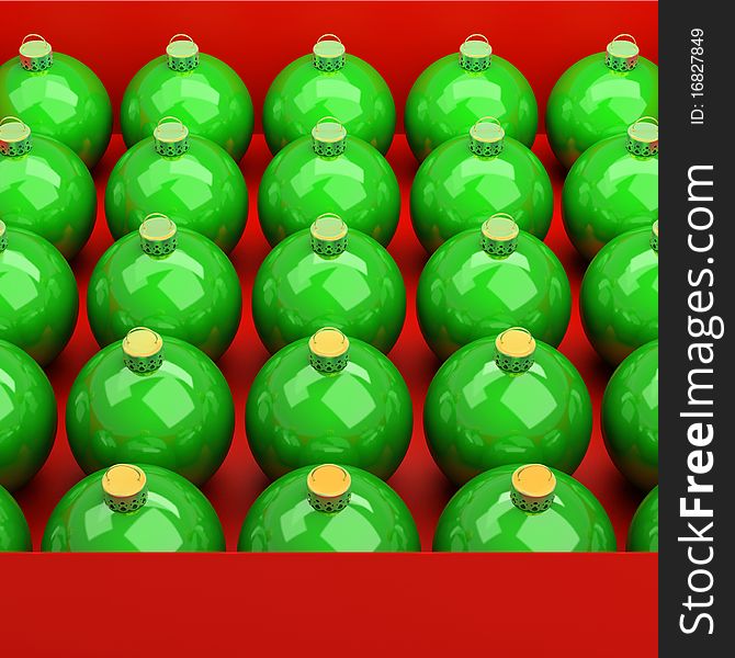 Green Christmas balls in a red box on a white background