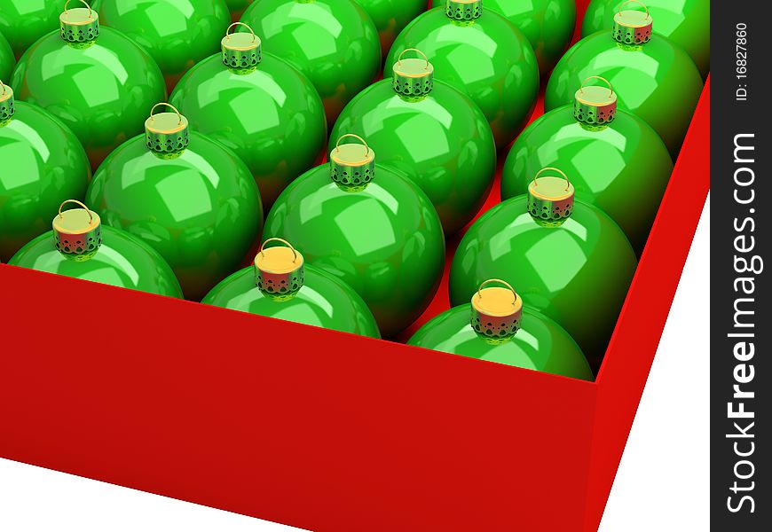 Green Christmas balls in a red box on a white background