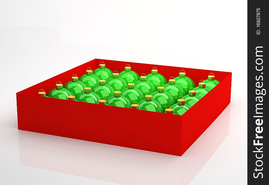 Green Christmas balls in a red box on a white background