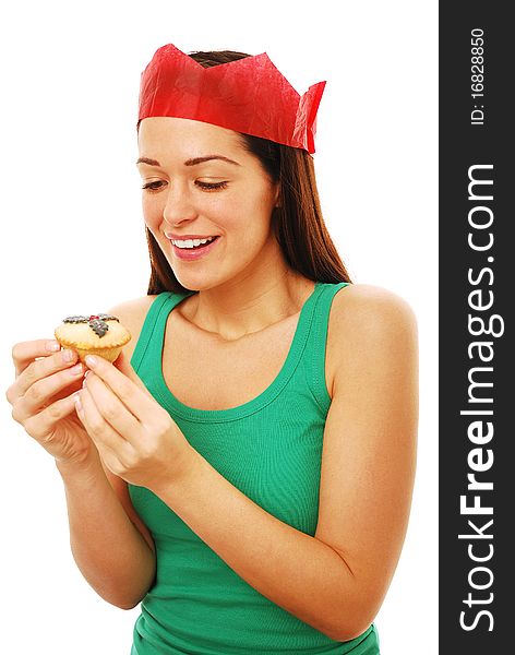 Woman holding traditional mince pie isolated on white