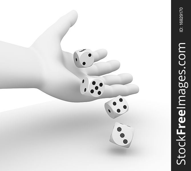 Computer generated image of a hand throwing 4 dices. Computer generated image of a hand throwing 4 dices