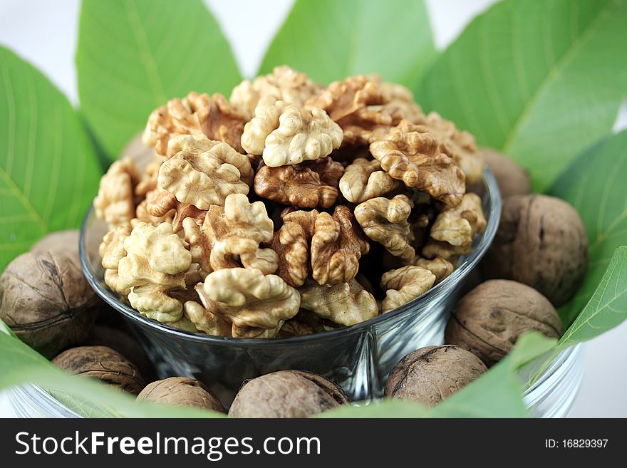 Walnuts, walnut nuts and leaves
