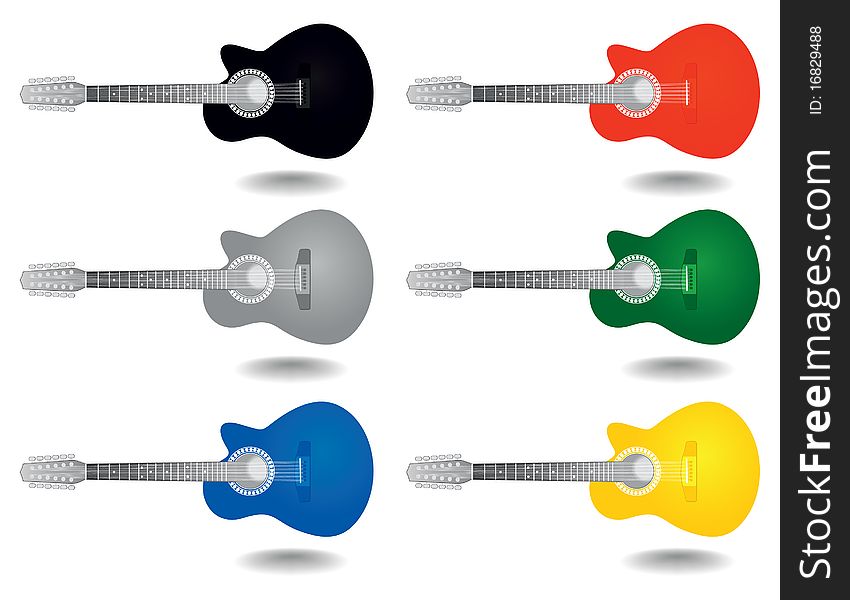 Icons of an acoustic guitar of six colours. A illustration