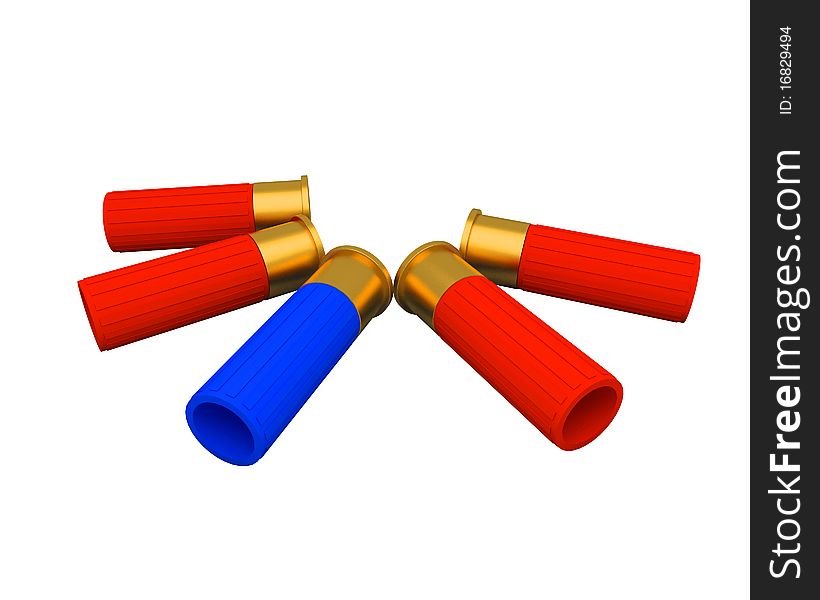 Four red shotgun shells and one blue isolated on white