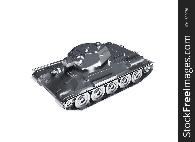 An illustration of tank T-34 model made of silver. An illustration of tank T-34 model made of silver