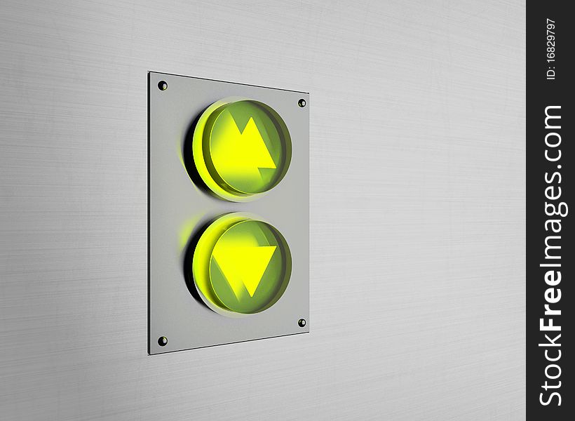 Glowing up and down elevator buttons on metal surface