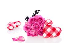 Pink Roses And Decorative Hearts Royalty Free Stock Photos
