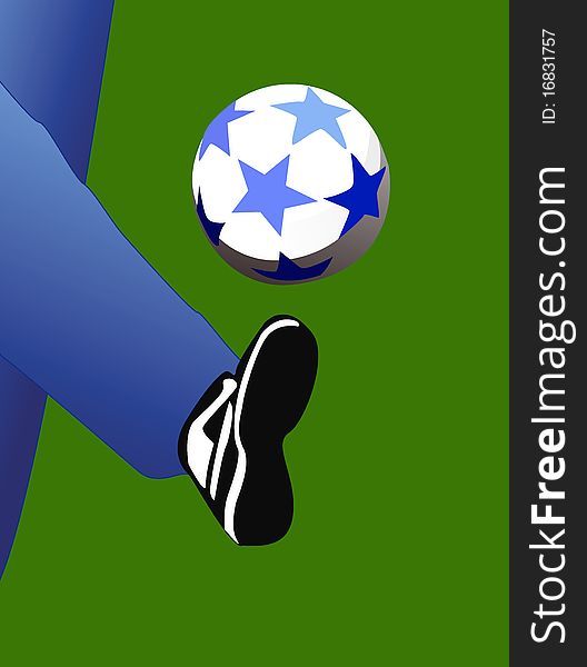 Illustration leg beating a soccer ball on a green background. Illustration leg beating a soccer ball on a green background.