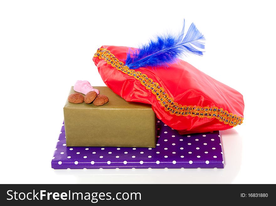 Dutch Sinterklaas celebration with gingernuts and presents isolated on white background