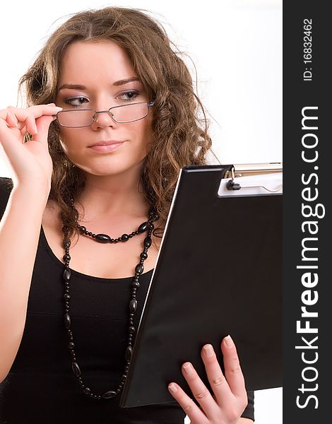 Beauty brunet woman in glasses with note in hand. Beauty brunet woman in glasses with note in hand