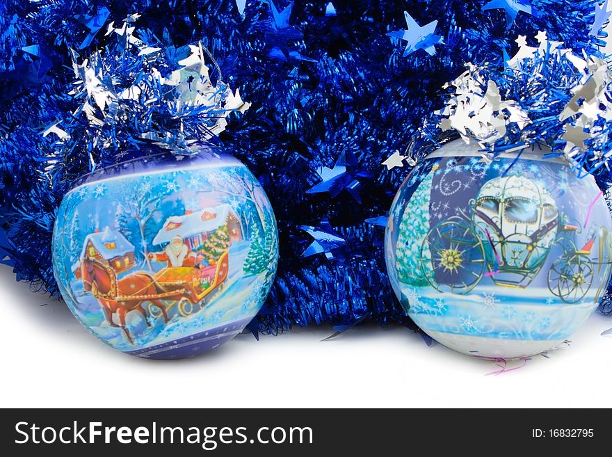 Christmas balls with fairy tale pictures in to a tinsel. Christmas balls with fairy tale pictures in to a tinsel.