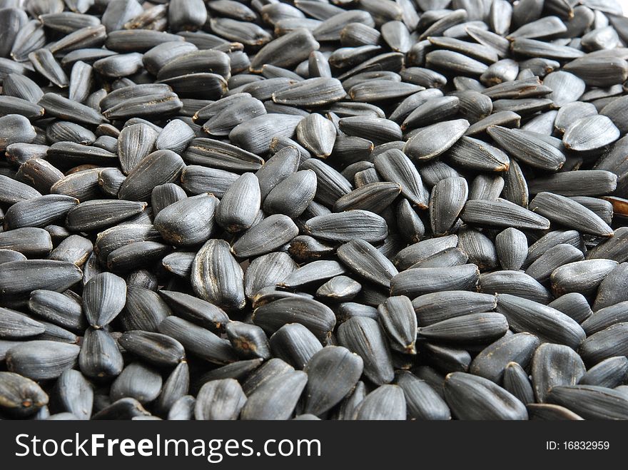 Many black sunflower seeds in horizontal composition