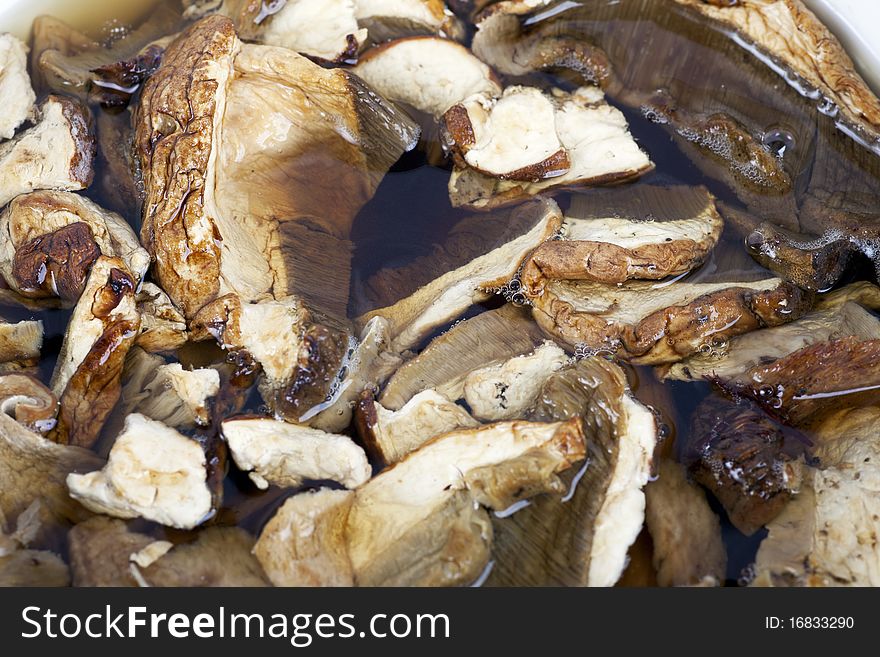 Dried mushrooms soaking in warm water. Dried mushrooms soaking in warm water.