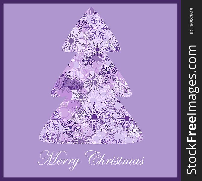 Merry Christmas card with violet christmas tree