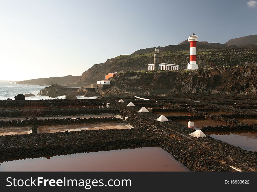 La Palma lighhouse as seen from the salt ponds nearby. La Palma lighhouse as seen from the salt ponds nearby.