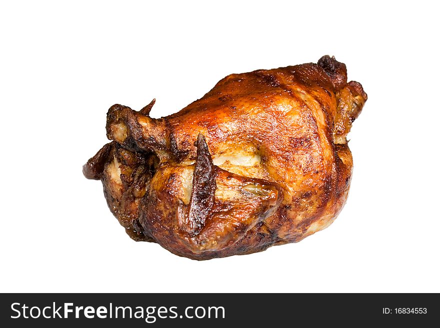 Fresh Roast chicken, isolated on white, with brown crust