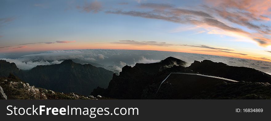 The island of La Palma, as seen from the highest point of the volcano Taburiente at sunset. The island of La Palma, as seen from the highest point of the volcano Taburiente at sunset