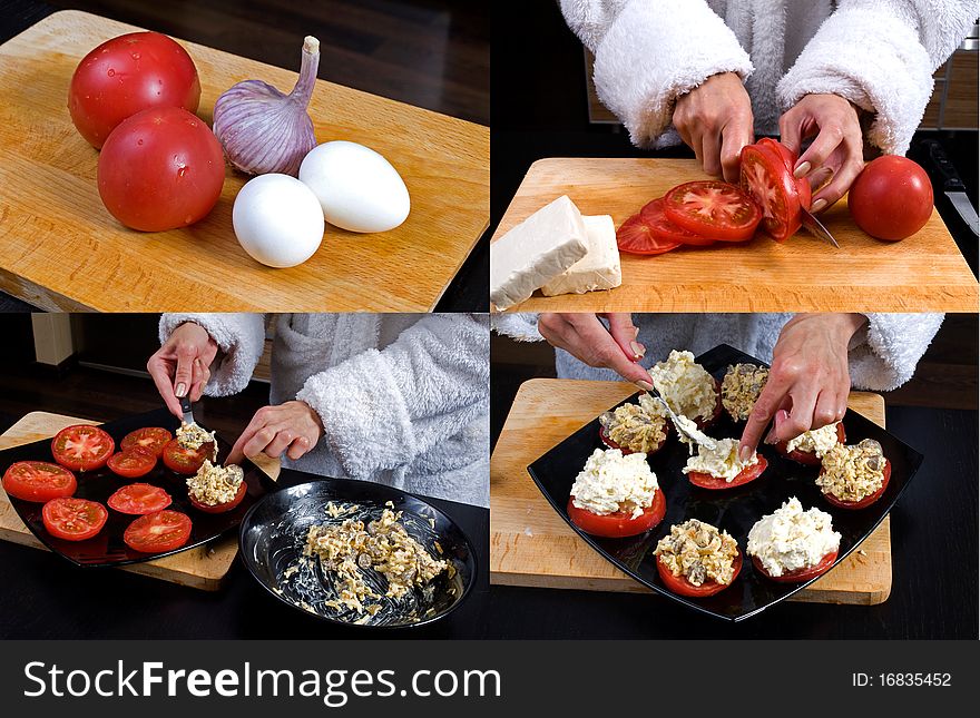Preparation of snack from tomatoes with cheese. Preparation of snack from tomatoes with cheese