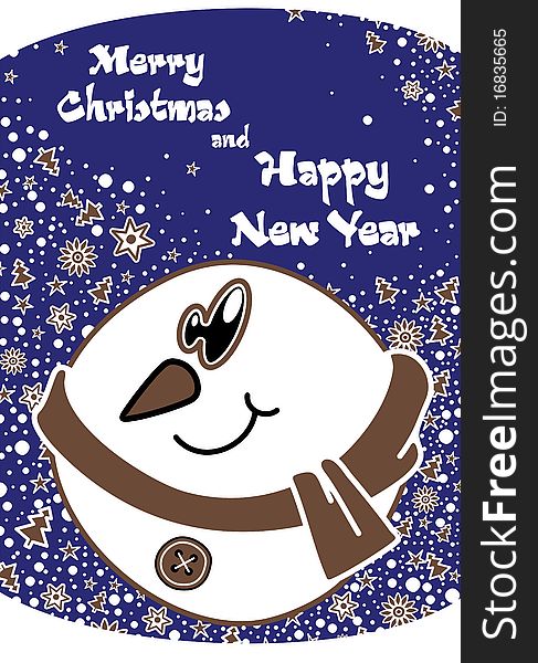 Postcard for Merry Christmas and New Year, featuring a snowman