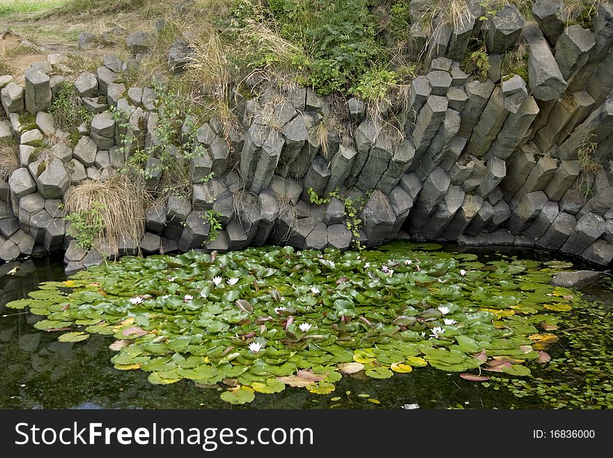 Pond with water lilies under the basalt columns resulting from the excavated pit is filled with rainwater.