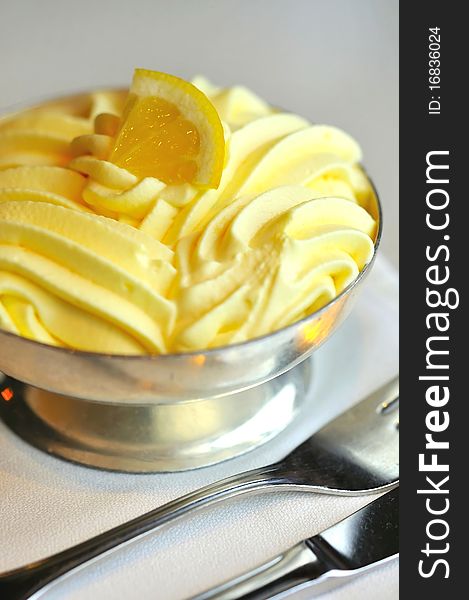 Macro shot of lemon ice cream as dessert.