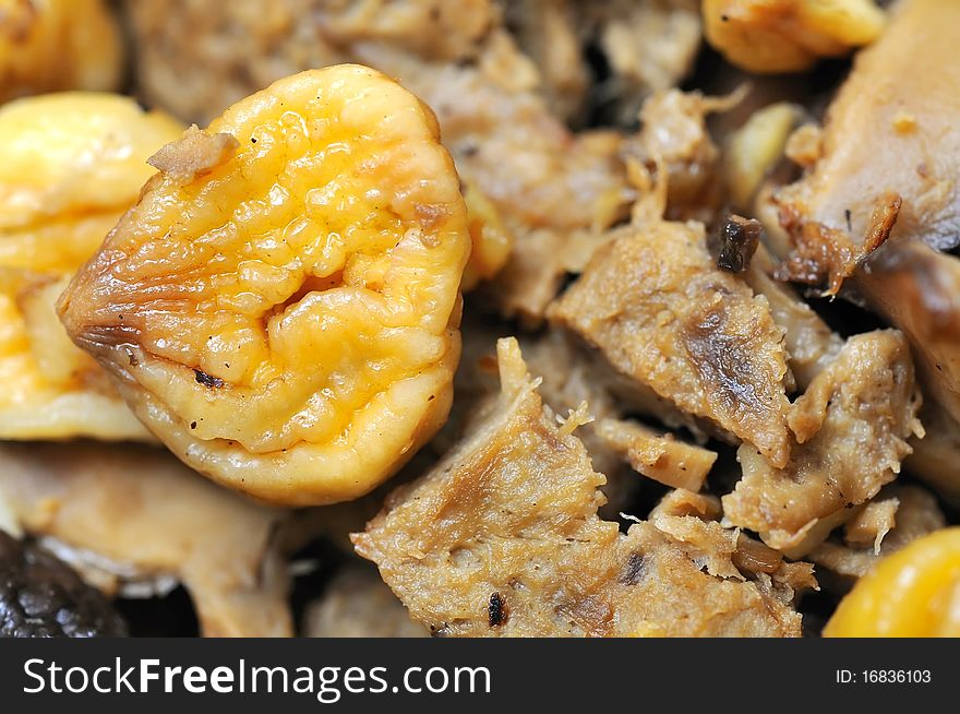 Chestnut and mutton pieces used as cooking ingredients in traditional Chinese and Oriental cuisine.