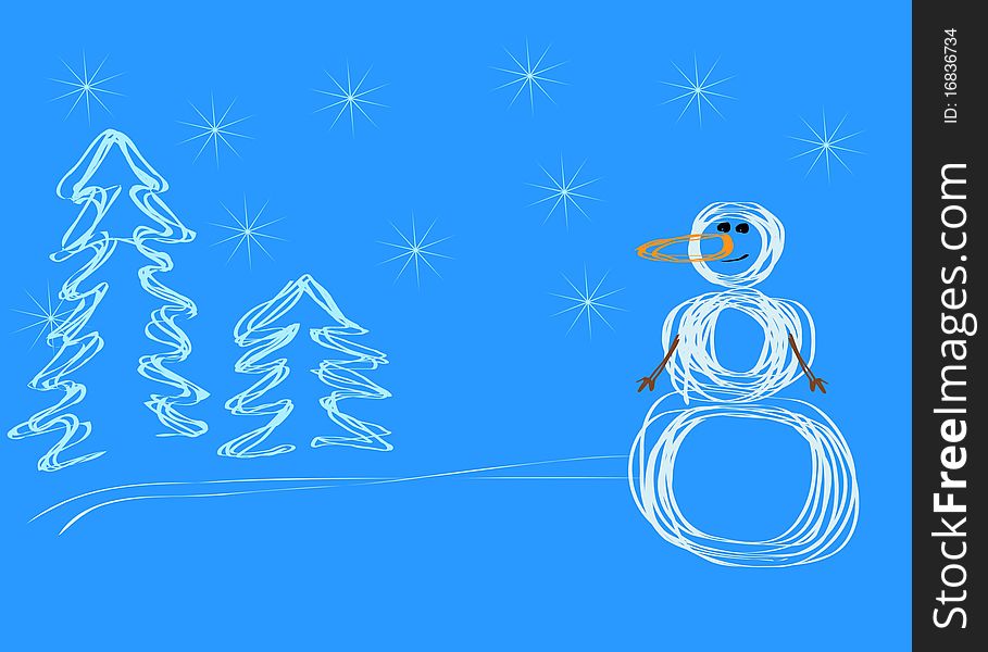 Forest landscape with a snowman on a blue background. Forest landscape with a snowman on a blue background