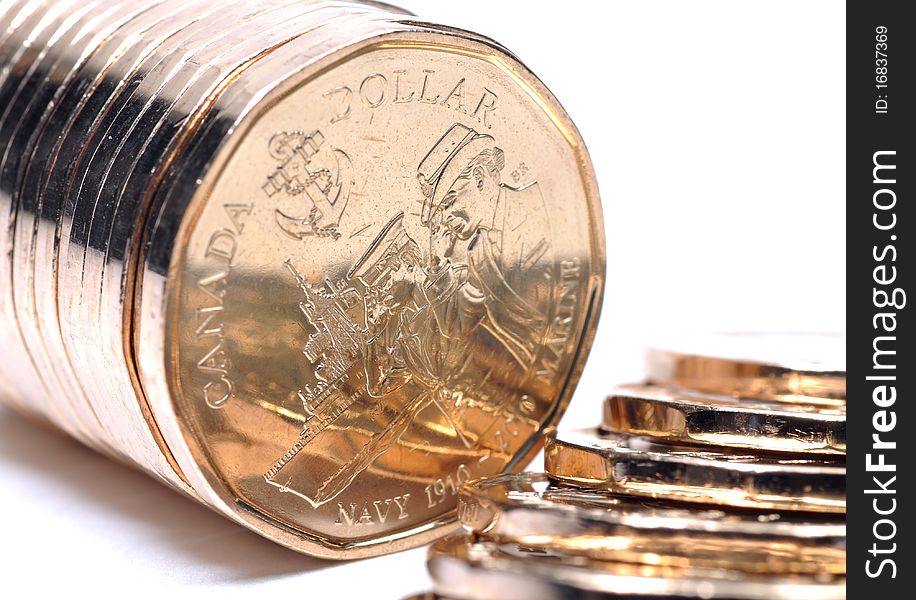 Gold coins roll on a white background