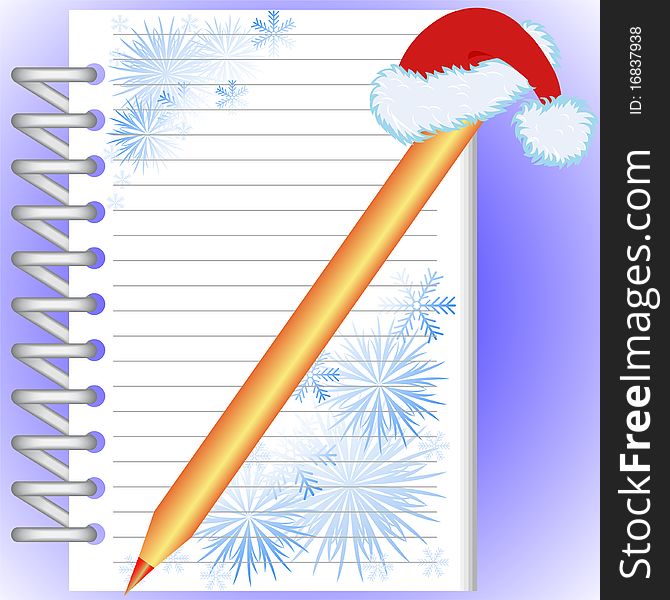 New Year's notebook with snowflakes and a gold pencil in a red cap