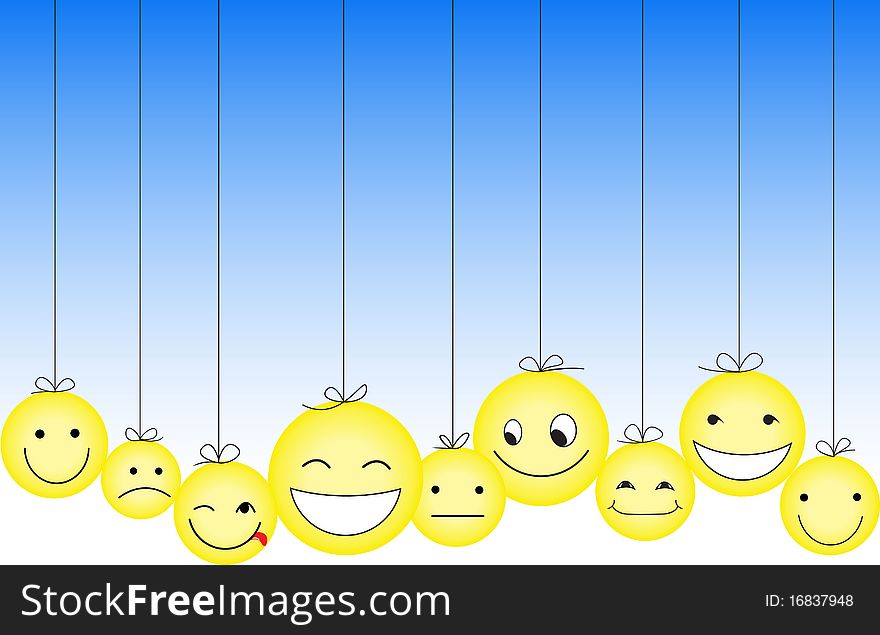 Yellow emoticons of various sizes hanging by a thread. Yellow emoticons of various sizes hanging by a thread