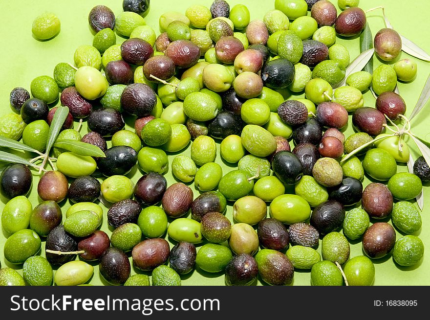 Variety fresh olives on green background