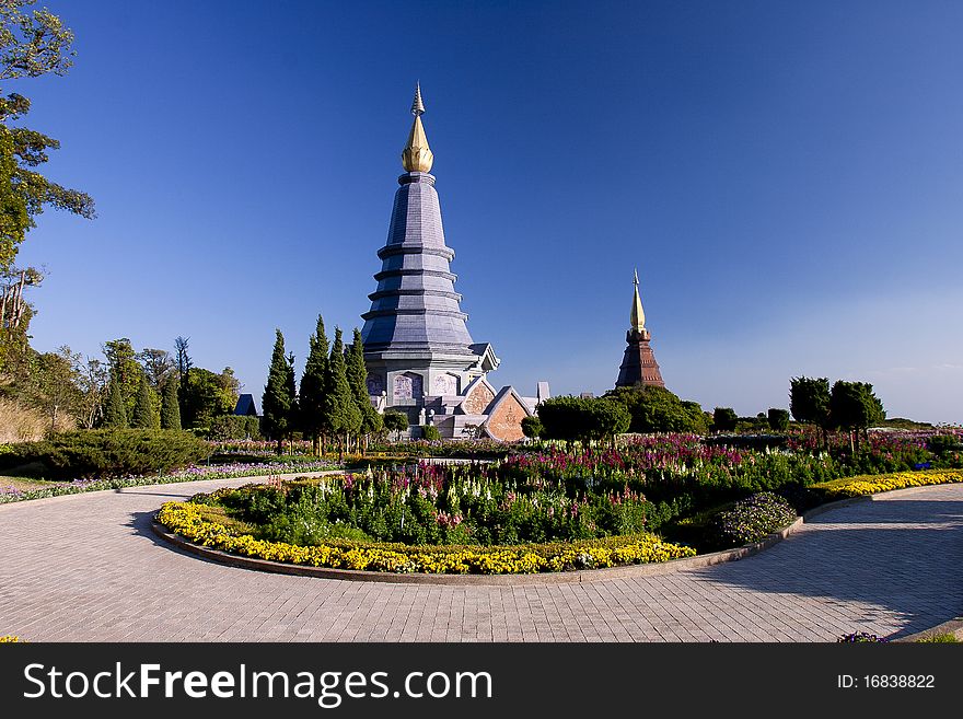 Intanon Moutain, Chiangmai, North of thailand The pagoda is a religious dÃ©cor is not a beautiful flower garden.