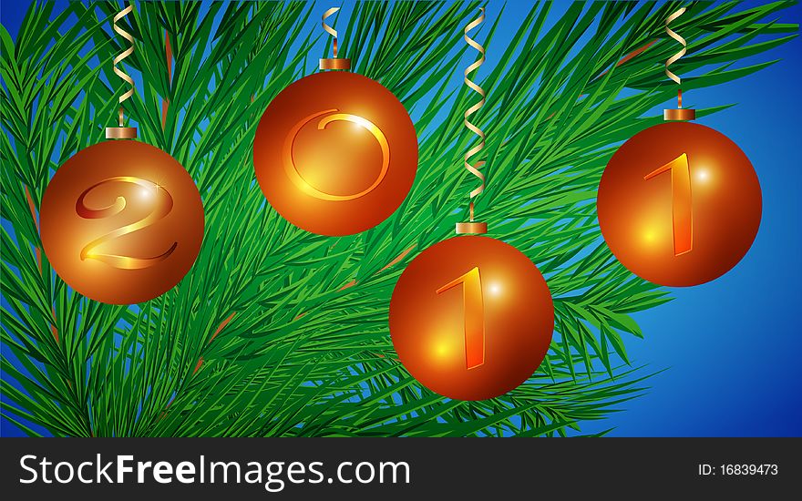 New Year's spheres with date and a pine branch on a blue background. New Year's spheres with date and a pine branch on a blue background