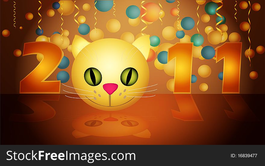 Date of New Year and a kitten on a brown background with ornaments. Date of New Year and a kitten on a brown background with ornaments