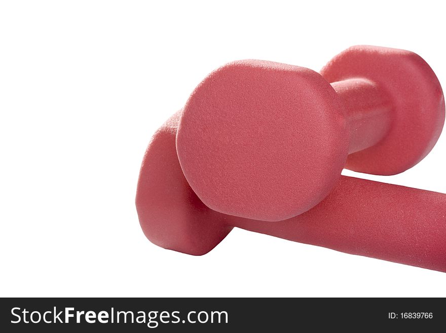 Two pink dumbbells on a white background.