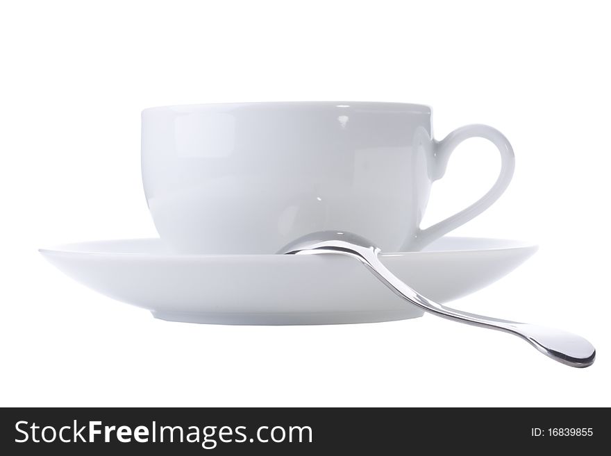 White cup with a saucer on a white background.