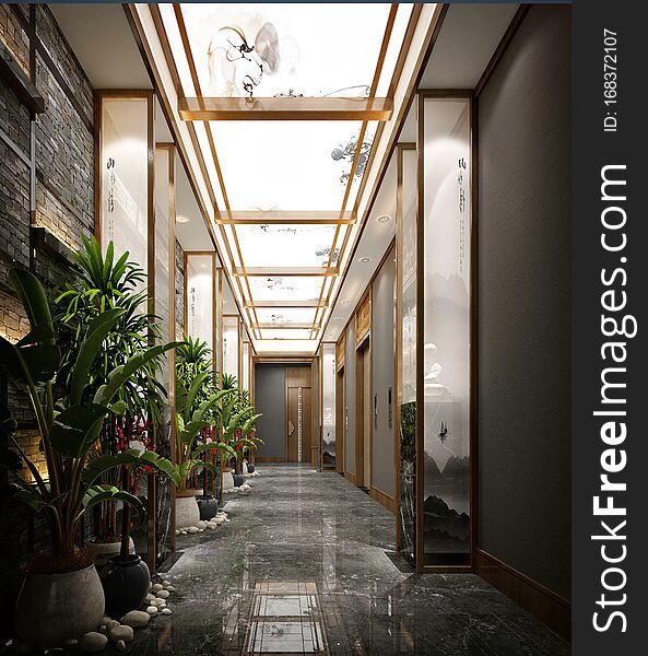 3d render luxury hotel lobby